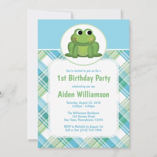 Cute Frog Bleu Vert Plaid Invitations d'anniversai (Devant)