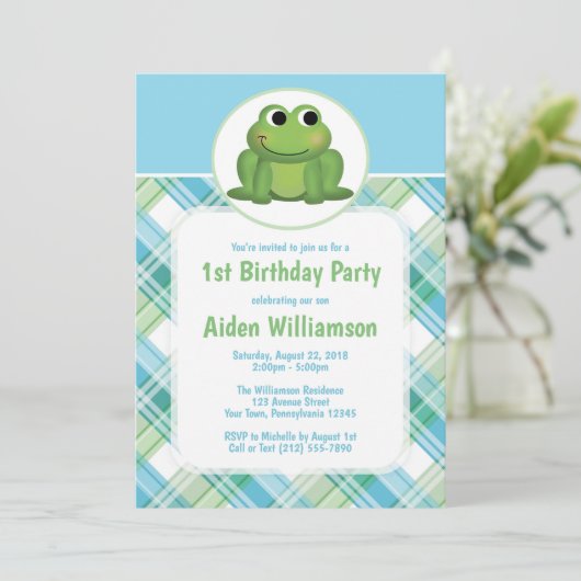 Cute Frog Bleu Vert Plaid Invitations d'anniversai (Debout devant)
