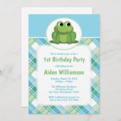 Cute Frog Bleu Vert Plaid Invitations d'anniversai (Devant / Derrière)