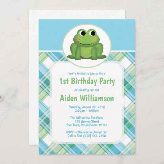 Cute Frog Bleu Vert Plaid Invitations d'anniversai (Devant / Derrière)