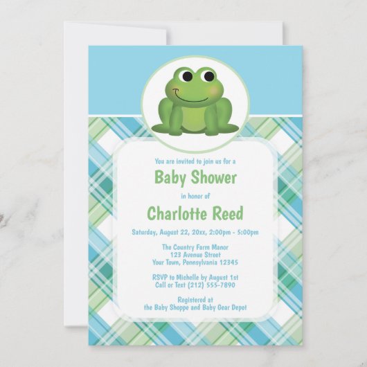Cute Frog Blue Green Plaid Baby Shower Invitations (Devant)