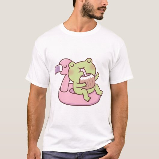 Cute Frog Chilling On Flamingo Pool Float T-shirt (Voorkant)