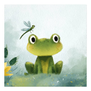 Cute Frog & Dragonfly – Zachte Natuur Illustratie Foto Afdruk