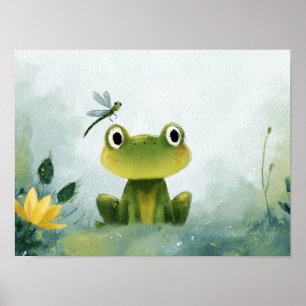 Cute Frog & Dragonfly – Zachte Natuur Illustratie Poster