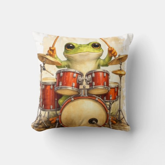 Cute Frog Drummer Throw Pillow – Fun Decor Kussen (Voorkant)