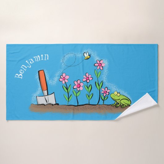 Cute frog en bee in tuinschilfering cartoon bad handdoek (Badhanddoek)