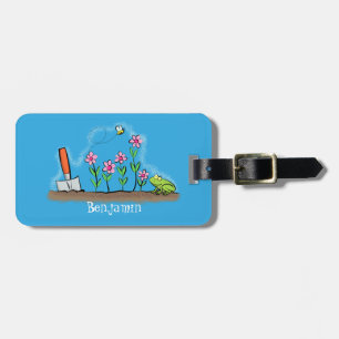 Cute frog en bee in tuinschilfering cartoon bagagelabel