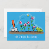 Cute frog en bee in tuinschilfering cartoon briefkaart (Voorkant / Achterkant)