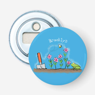 Cute frog en bee in tuinschilfering cartoon button flesopener