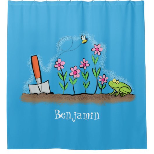 Cute frog en bee in tuinschilfering cartoon douchegordijn (Voorkant)