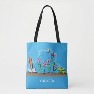 Cute frog en bee in tuinschilfering cartoon draagtas