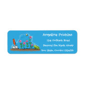 Cute frog en bee in tuinschilfering cartoon etiket (Voorkant)