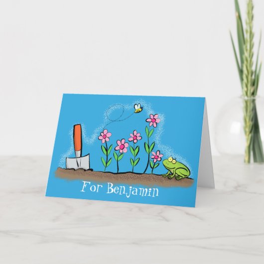 Cute frog en bee in tuinschilfering cartoon kaart (Voorkant)