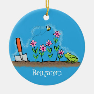 Cute frog en bee in tuinschilfering cartoon keramisch ornament