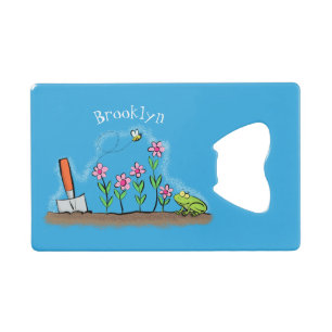 Cute frog en bee in tuinschilfering cartoon kredietkaart flessenopener