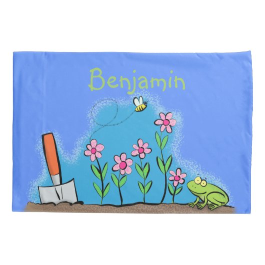 Cute frog en bee in tuinschilfering cartoon kussensloop (Achterkant)