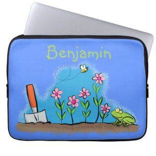 Cute frog en bee in tuinschilfering cartoon laptop sleeve