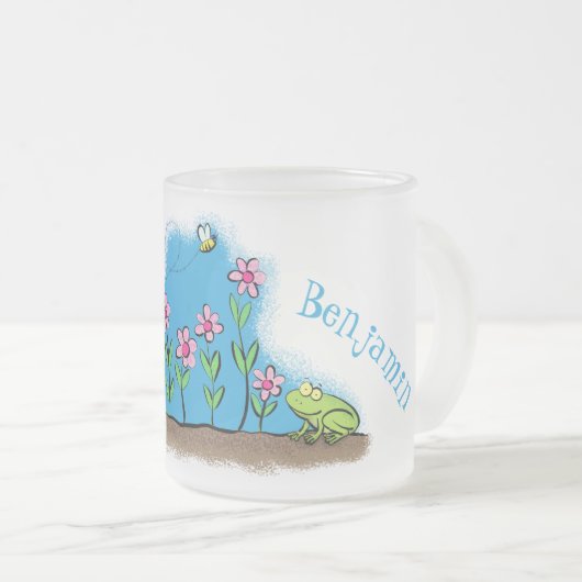 Cute frog en bee in tuinschilfering cartoon matglas koffiemok (Voorkant rechts)