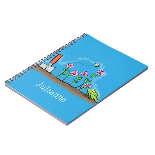 Cute frog en bee in tuinschilfering cartoon notitieboek (Linkerzijde)