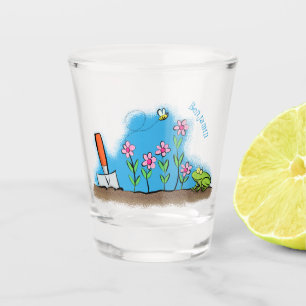 Cute frog en bee in tuinschilfering cartoon shot glas