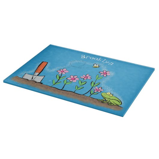 Cute frog en bee in tuinschilfering cartoon snijplank (Hoek)