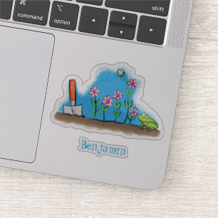 Cute frog en bee in tuinschilfering cartoon sticker
