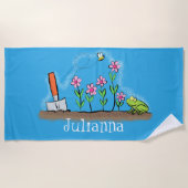 Cute frog en bee in tuinschilfering cartoon strandlaken (Voorkant)