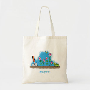 Cute frog en bee in tuinschilfering cartoon tote bag