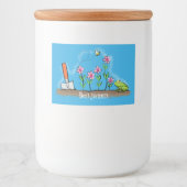 Cute frog en bee in tuinschilfering cartoon voedselcontainer etiket (Voorkant)