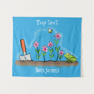 Cute frog en bee in tuinschilfering cartoon wandkleed