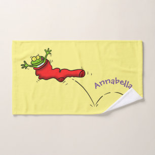 Cute frog in een rode sock springende cartoon bad handdoek