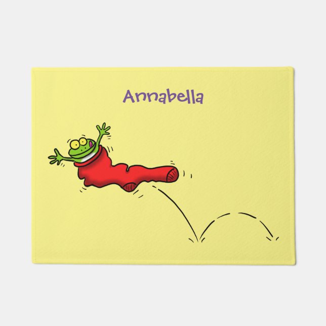 Cute frog in een rode sock springende cartoon deurmat (Voorkant)