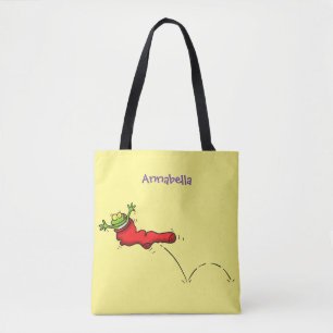 Cute frog in een rode sock springende cartoon draagtas
