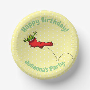 Cute frog in een rode sock springende cartoon papieren kommen