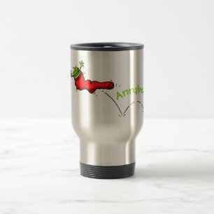 Cute frog in een rode sock springende cartoon reisbeker