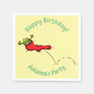 Cute frog in een rode sock springende cartoon servet