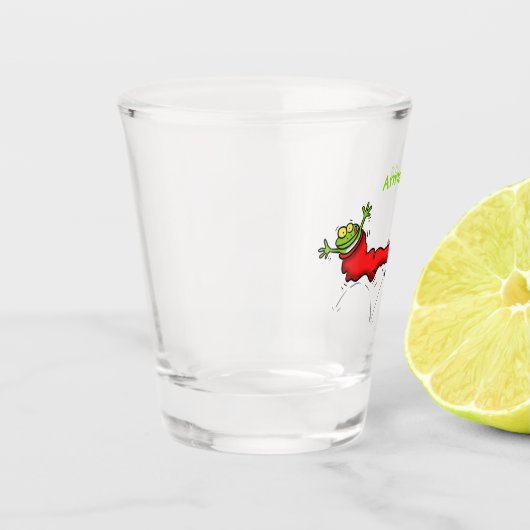 Cute frog in een rode sock springende cartoon shot glas (Links)