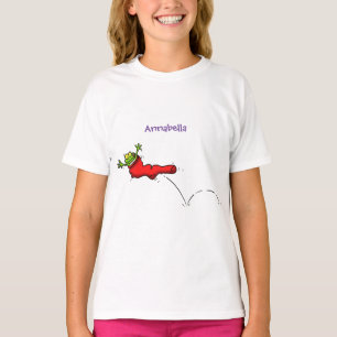 Cute frog in een rode sock springende cartoon t-shirt