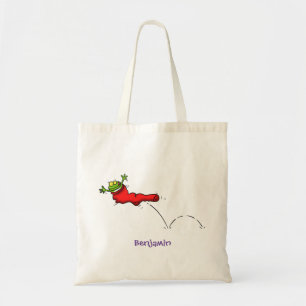 Cute frog in een rode sock springende cartoon tote bag