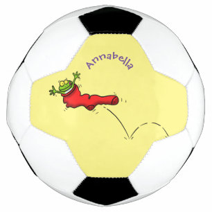 Cute frog in een rode sock springende cartoon voetbal