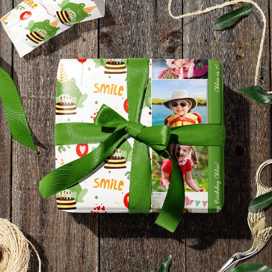 Cute Frog Pattern Smile Text Happy Birthday Foto Cadeaupapier