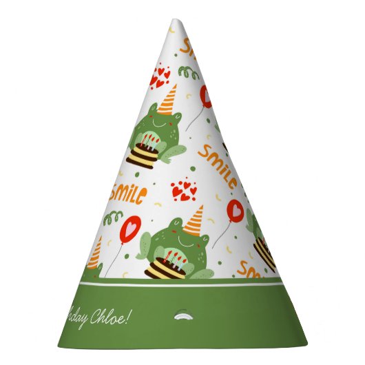 Cute Frog Pattern Smile Text Happy Birthday w Name Feesthoedjes (Rechts)