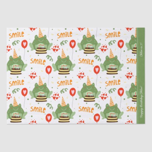 Cute Frog Pattern Smile Text Happy Birthday w Name Tissuepapier (Voorkant)