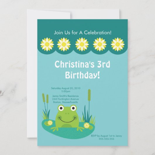 Cute Frog Pond Birthday Party Invitation Kaart (Voorkant)