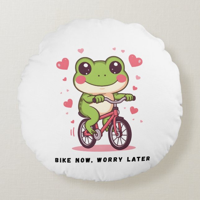 Cute Frog Riding Bicycle | Funny Frog Lover Gift Rond Kussen (Voorkant)