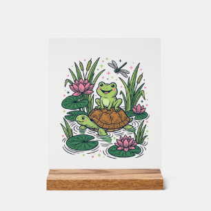 Cute Frog Riding Turtle Pond Vintage Vector Art_1