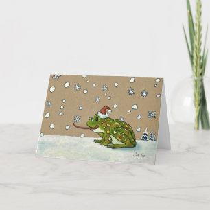 Cute Frog Vangt Sneeuwvlok met Tong Feestdagen Kaart