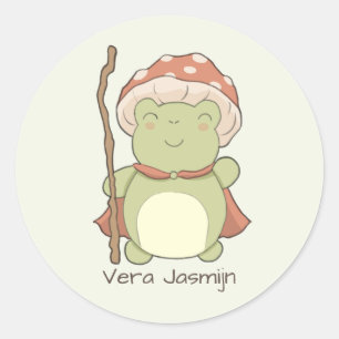 Cute frog with mushroom hat   personalised name ronde sticker