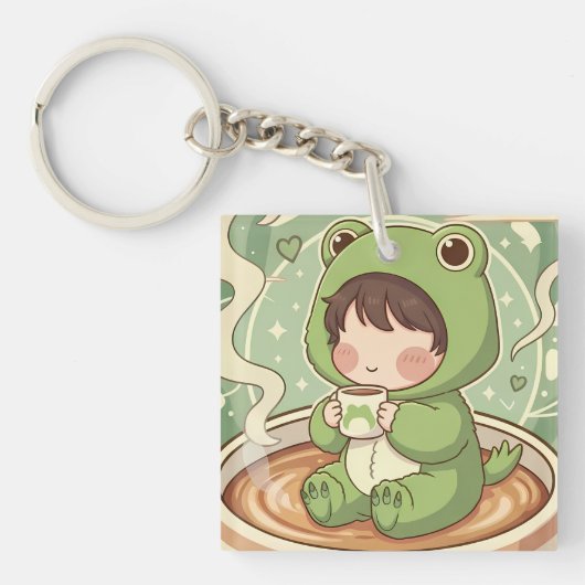 Cute Froggy Coffee Tale Design Sleutelhanger (voorkant)