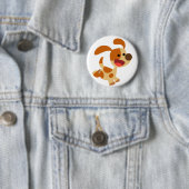 Cute Frolicking Cartoon Dog Button Badge (In situ)